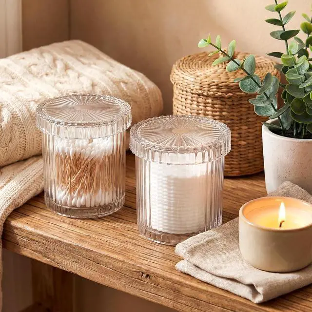 Alt view image 6 of 7 - rejomiik Thick Glass Qtip Holder Apothecary Jars with Lids, Clear | Bathroom Canisters Vanity Makeup Storage Organizer for Cotton Swabs, Cotton Balls, Pads, Floss Picks, Bathroom Accessories