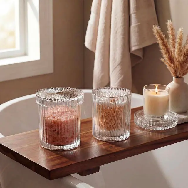 Alt view image 7 of 7 - rejomiik Thick Glass Qtip Holder Apothecary Jars with Lids, Clear | Bathroom Canisters Vanity Makeup Storage Organizer for Cotton Swabs, Cotton Balls, Pads, Floss Picks, Bathroom Accessories