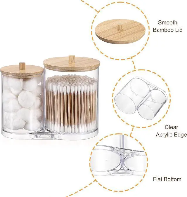 Alt view image 5 of 7 - Hipiwe Acrylic Cotton Swab Holder Clear Qtip Dispenser with lid 2 Compartment Bathroom Accessories Storage Canister for Cotton Ball Vanity Makeup Organizer