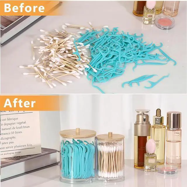 Alt view image 7 of 7 - Hipiwe Acrylic Cotton Swab Holder Clear Qtip Dispenser with lid 2 Compartment Bathroom Accessories Storage Canister for Cotton Ball Vanity Makeup Organizer