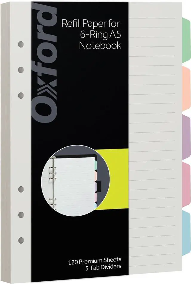 Main image of Oxford A5 Refill Paper, 6 Ring Lined Paper with Pastel Binder Dividers, 5 Tabs, 120 Sheets, 6 x 8.25 Inches, Notebook, Bullet Journal and Planner Inserts (1016731)