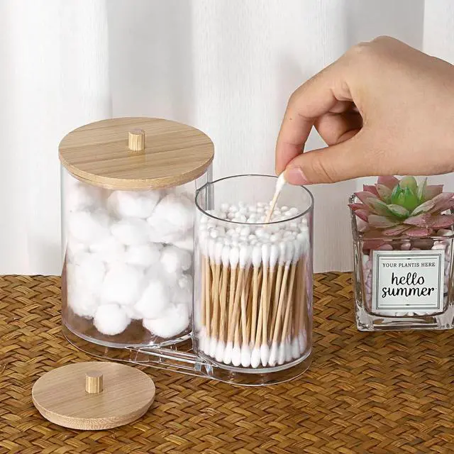 Alt view image 6 of 7 - Hipiwe Acrylic Cotton Swab Holder Clear Qtip Dispenser with lid 2 Compartment Bathroom Accessories Storage Canister for Cotton Ball Vanity Makeup Organizer