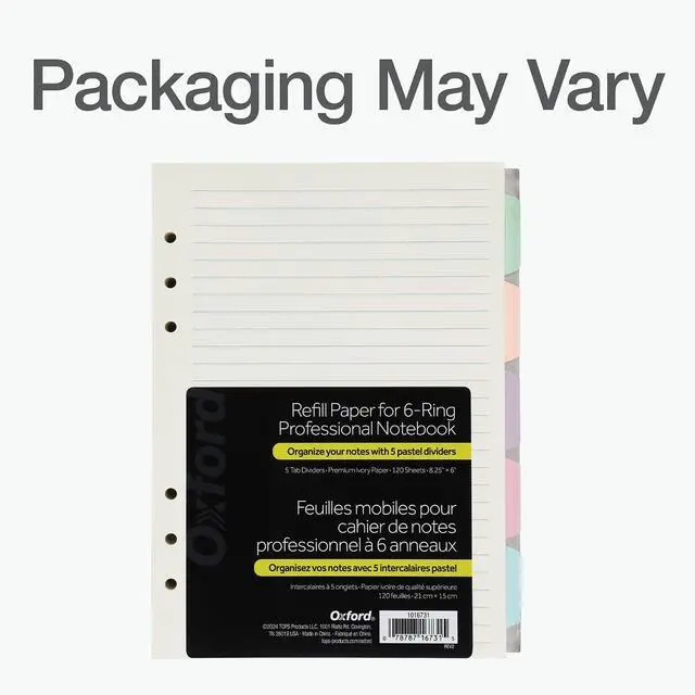 Alt view image 7 of 7 - Oxford A5 Refill Paper, 6 Ring Lined Paper with Pastel Binder Dividers, 5 Tabs, 120 Sheets, 6 x 8.25 Inches, Notebook, Bullet Journal and Planner Inserts (1016731)