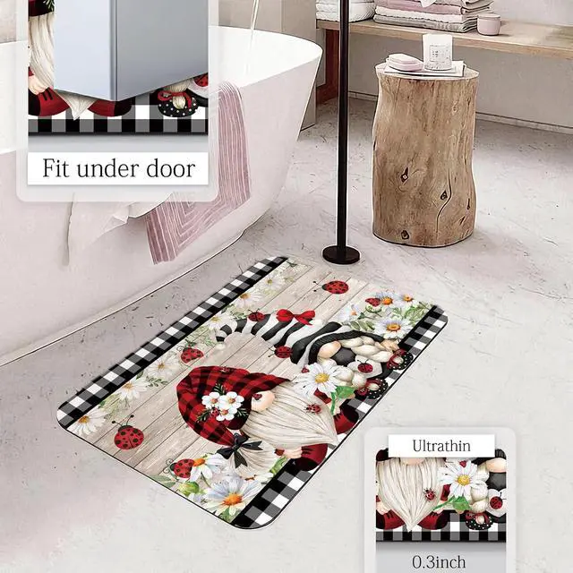 Alt view image 4 of 6 - APROPHIC Spring Daisy Flower Bath Mat for Bathroom Decor, Gnome Ladybug Buffalo Plaid Bee Bathroom Rug Non-Slip Carpet, Absorbent Quick-Drying Floor Mat, Ultra-Thin Fit Under The Door,17x24 in