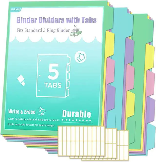 Main image of 5 Tab Dividers for 3 Ring Binders, Durable Plastic Write & Erase, Page Dividers for 8.5 x 11'' Letter Size Papers, Ideal for Student, Teacher, Macaron Color 3 Sets