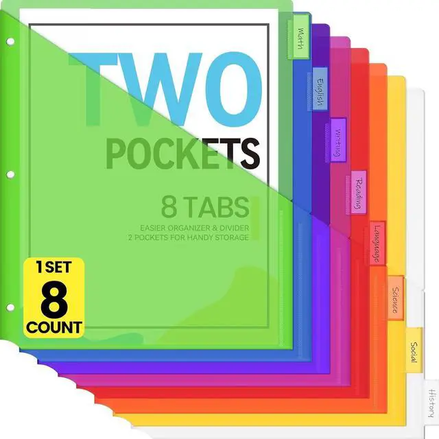 Main image of Sooez 8 Count Dividers with Pockets, Binder Dividers with tabs | Binder Dividers for 3 Ring Binders, Binder Divider with Pockets for US Letter Size, Insertable Big Tabs, Multicolor,Set of 1