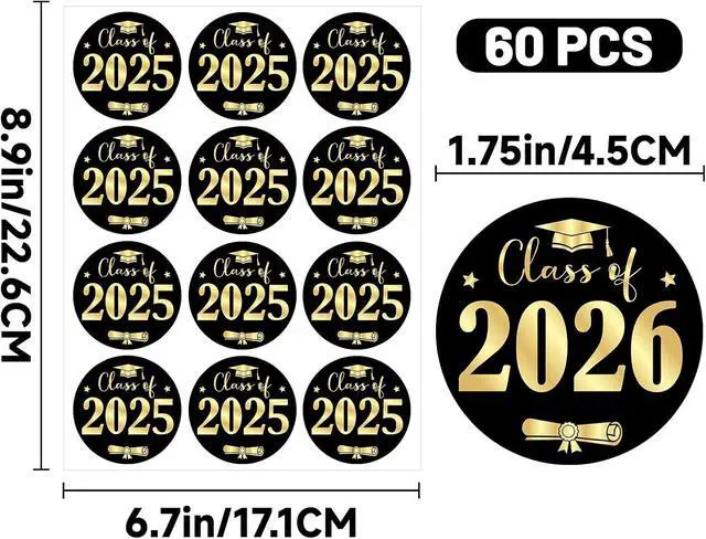 Alt view image 2 of 7 - Alynta Class of 2026 Stickers - 1.75 Inch Gold Foil Graduation Stickers | 60PCS Graduation Envelope Seals Grad Sticker for Envelope Seals Cards Invitations Announcements Party Favors (Black and Gold)