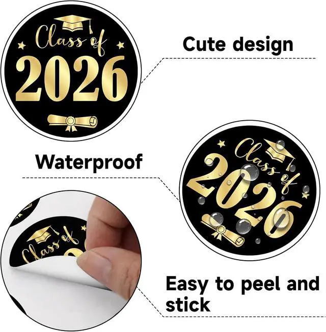 Alt view image 3 of 7 - Alynta Class of 2026 Stickers - 1.75 Inch Gold Foil Graduation Stickers | 60PCS Graduation Envelope Seals Grad Sticker for Envelope Seals Cards Invitations Announcements Party Favors (Black and Gold)