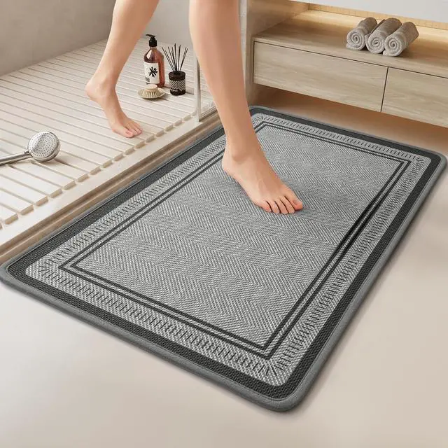 Main image of Thin Bathroom Rugs Fit Under Door, Non Slip Bath Mat 16"x24" Grey | Absorbent Quick Dry Bath Mats for Bathroom, Rubber Backing Bath Rugs, Low Pile Shower Mat Outside Shower, Sink, Easy Clean