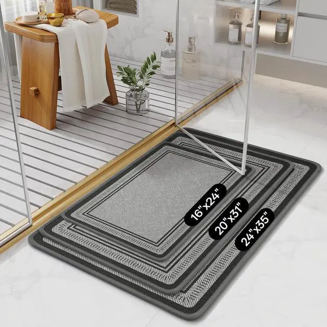 Alt view image 2 of 7 - Thin Bathroom Rugs Fit Under Door, Non Slip Bath Mat 16"x24" Grey | Absorbent Quick Dry Bath Mats for Bathroom, Rubber Backing Bath Rugs, Low Pile Shower Mat Outside Shower, Sink, Easy Clean