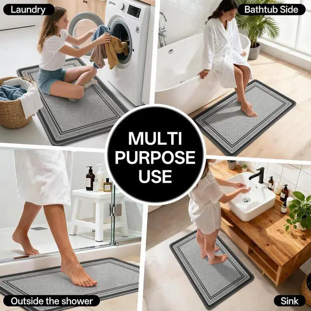 Alt view image 7 of 7 - Thin Bathroom Rugs Fit Under Door, Non Slip Bath Mat 16"x24" Grey | Absorbent Quick Dry Bath Mats for Bathroom, Rubber Backing Bath Rugs, Low Pile Shower Mat Outside Shower, Sink, Easy Clean