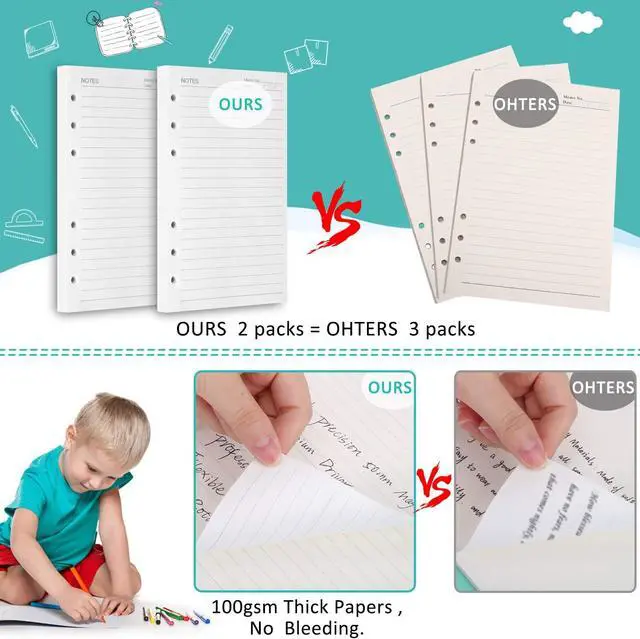Alt view image 3 of 6 - OMEYA A5 6-Hole Lined Planner Inserts, 280 Pages, 5.6" x 8.3", 100gsm Paper | Not for 3 or 7 Ring Binders, White Refill Paper for 6-Ring Binders, A5 Paper for Planners, Diaries, Journals, Organizers