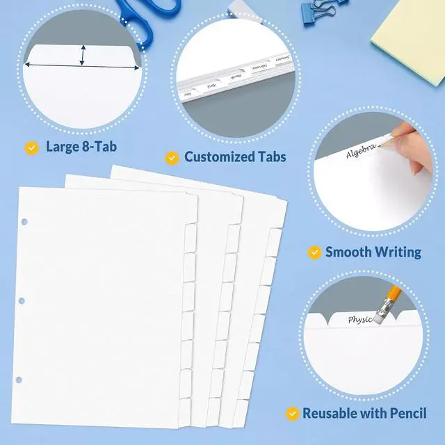 Alt view image 4 of 6 - SUNEE Binder Dividers with Tabs for 3 Ring Binder, 8.5 x 11 Paper White Binder Dividers Blank with 8 Tabs, 4 Sets Page Dividers for School, Office and Home, 32 Dividers