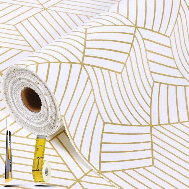 Main image of Shelf Liners for Kitchen Cabinets 12in x 10FT, Non Adhesive Cabinet Liner | Strong Non-Slip Thickened Gold Geometric Drawer Liner, Easy to Clean for Shelf, Cabinet with Knife and Tape Measure