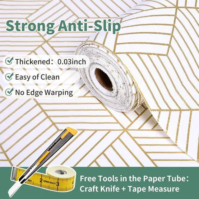Alt view image 2 of 7 - Shelf Liners for Kitchen Cabinets 12in x 10FT, Non Adhesive Cabinet Liner | Strong Non-Slip Thickened Gold Geometric Drawer Liner, Easy to Clean for Shelf, Cabinet with Knife and Tape Measure