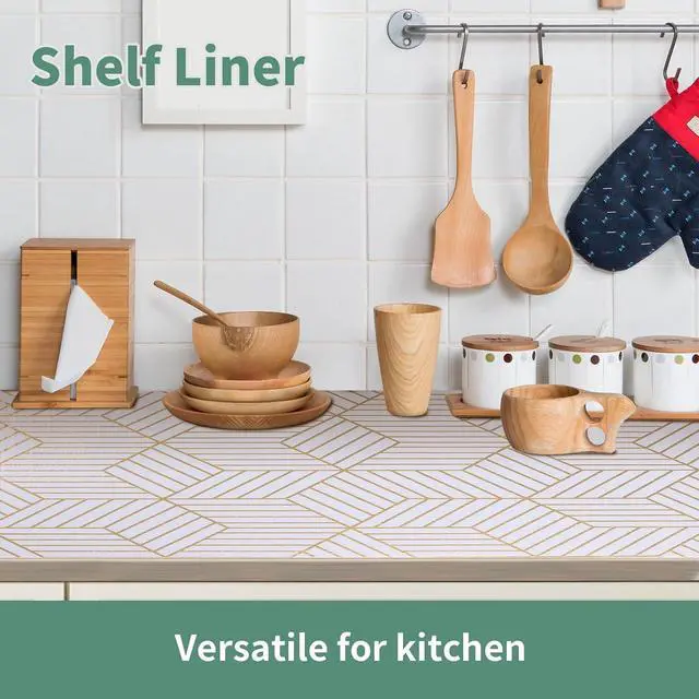 Alt view image 5 of 7 - Shelf Liners for Kitchen Cabinets 12in x 10FT, Non Adhesive Cabinet Liner | Strong Non-Slip Thickened Gold Geometric Drawer Liner, Easy to Clean for Shelf, Cabinet with Knife and Tape Measure