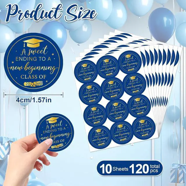 Alt view image 2 of 7 - 120Pcs Graduation Stickers 2026, Class of 2026 Stickers 1.57" Graduation Envelope Seal Label Self Adhesive Congrats Grad Cap Sticker for Senior College Grad Party Favors (Blue & Gold)