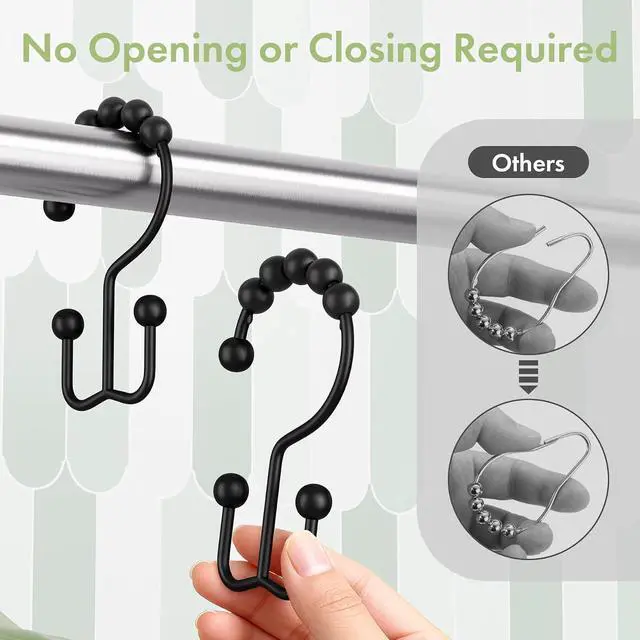 Alt view image 5 of 7 - Amazer Shower Curtain Rings, Rust-Resistant Metal Double Shower Hooks for Curtain Rolling Shower Curtain Hooks Rings Shower Rings for Bathroom Shower Curtain Rod, Matte Black, Set of 12 Rings