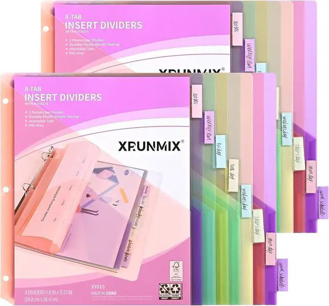 Main image of 8-Tab Binder Dividers with 2 Pockets, Index Pockets for 3 Ring Binders, 8 Pastel Colors, US Letter Size (2 Packs - 16 Counts)