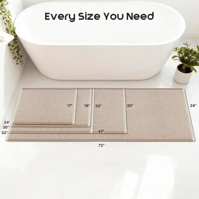 Alt view image 2 of 7 - ArtyCozy Waffle Bath Mat Super Absorbent, 17"×24", Brown & White | Soft Non-Slip Boho Bath Rugs with Flat-woven Hot Glue Backing for Bathroom, Machine Washable Bath Mats