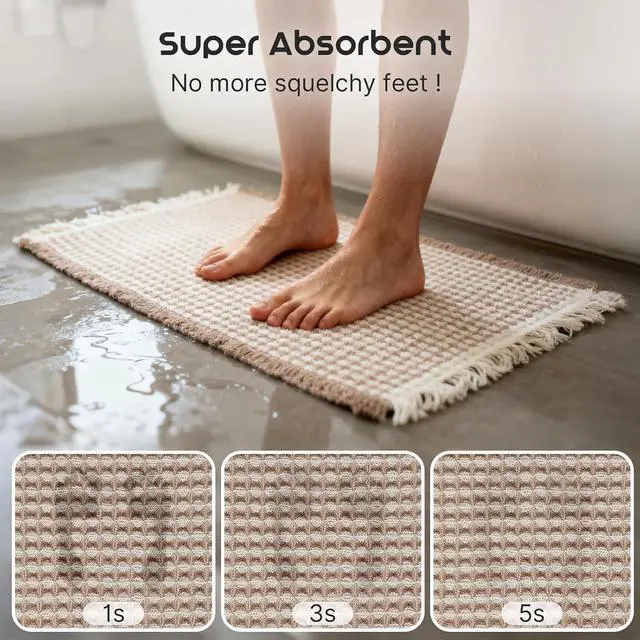 Alt view image 3 of 7 - ArtyCozy Waffle Bath Mat Super Absorbent, 17"×24", Brown & White | Soft Non-Slip Boho Bath Rugs with Flat-woven Hot Glue Backing for Bathroom, Machine Washable Bath Mats