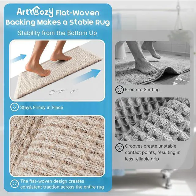 Alt view image 4 of 7 - ArtyCozy Waffle Bath Mat Super Absorbent, 17"×24", Brown & White | Soft Non-Slip Boho Bath Rugs with Flat-woven Hot Glue Backing for Bathroom, Machine Washable Bath Mats