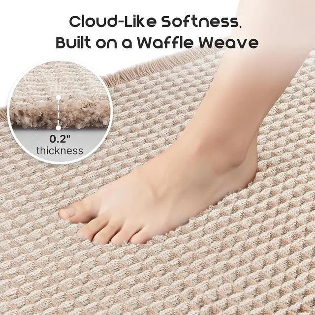 Alt view image 6 of 7 - ArtyCozy Waffle Bath Mat Super Absorbent, 17"×24", Brown & White | Soft Non-Slip Boho Bath Rugs with Flat-woven Hot Glue Backing for Bathroom, Machine Washable Bath Mats