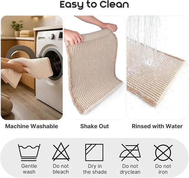 Alt view image 7 of 7 - ArtyCozy Waffle Bath Mat Super Absorbent, 17"×24", Brown & White | Soft Non-Slip Boho Bath Rugs with Flat-woven Hot Glue Backing for Bathroom, Machine Washable Bath Mats