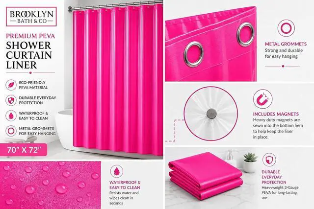Alt view image 2 of 4 - Home Expressions 3 Gauge Shower Curtain Liner 70 x 72 Vinyl Shower Curtain with 12 Metal Grommet and 3 Magnetic Weights Odor Free and Compatible with Standard Showers. (Neon Pink)