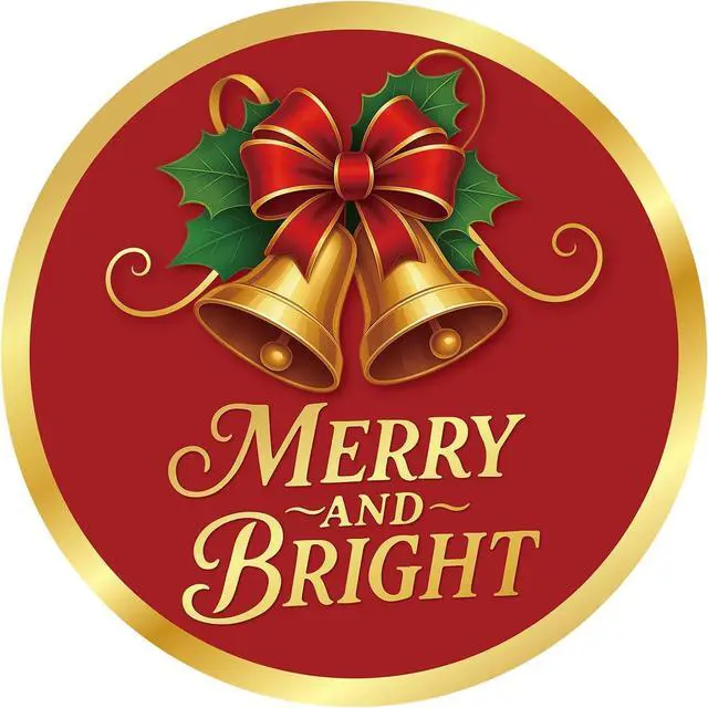 Main image of Alynta Merry and Bright Stickers 2 Inch 120Pcs Holiday Stickers Gold Foil | Christmas Sticker Round Large Xmas Bell Sticker Labels for Envelope Seals Ornaments Presents