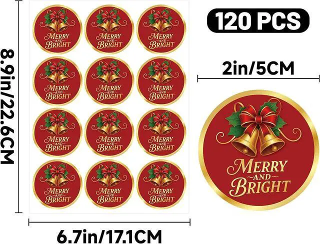 Alt view image 2 of 7 - Alynta Merry and Bright Stickers 2 Inch 120Pcs Holiday Stickers Gold Foil | Christmas Sticker Round Large Xmas Bell Sticker Labels for Envelope Seals Ornaments Presents