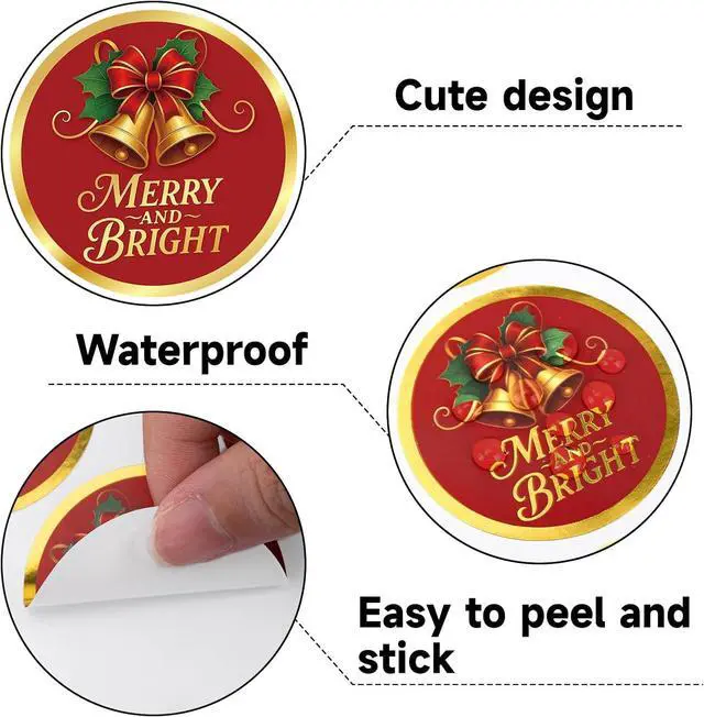 Alt view image 3 of 7 - Alynta Merry and Bright Stickers 2 Inch 120Pcs Holiday Stickers Gold Foil | Christmas Sticker Round Large Xmas Bell Sticker Labels for Envelope Seals Ornaments Presents