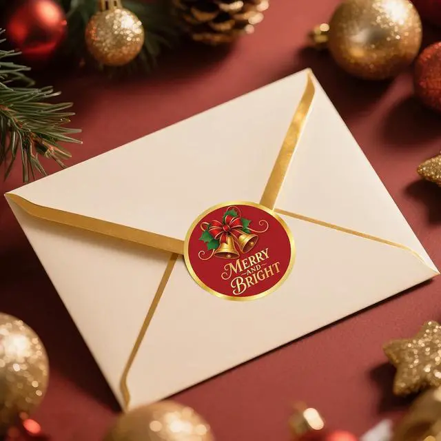 Alt view image 6 of 7 - Alynta Merry and Bright Stickers 2 Inch 120Pcs Holiday Stickers Gold Foil | Christmas Sticker Round Large Xmas Bell Sticker Labels for Envelope Seals Ornaments Presents