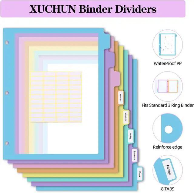 Alt view image 7 of 7 - 16Pcs/2 Set 8 Tab Dividers, Clear Plastic Binder Dividers with Tabs, for 3 Ring Binder, Letter Size, Multicolor