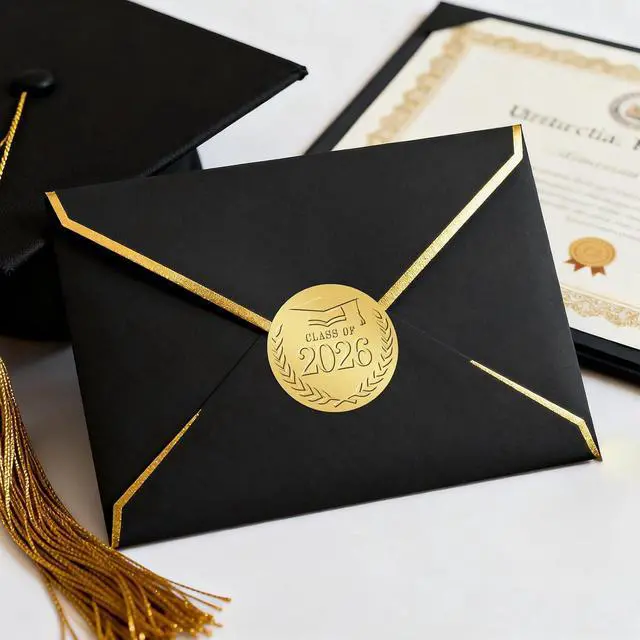 Alt view image 4 of 7 - Anwyll 2In Graduation Stickers 2026 - Gold Foil Embossed Grad Class of 2026 Stickers 100Pcs Graduation Envelope Seal Sticker Self-Adhesive Congrats Grad Hat Cap Sticker for Certificate Party Favors