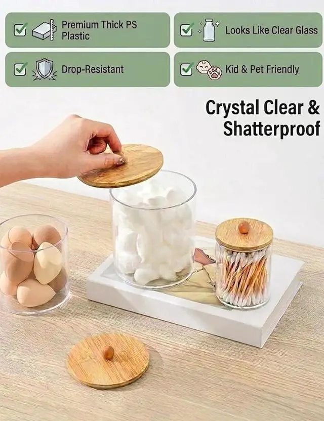Alt view image 3 of 6 - Cotton Swab Holder, Clear Plastic with Bamboo Lid, Medium | Wide-mouth storage for cotton rounds, hair ties, floss picks, and small jewelry on bathroom counters or vanities.