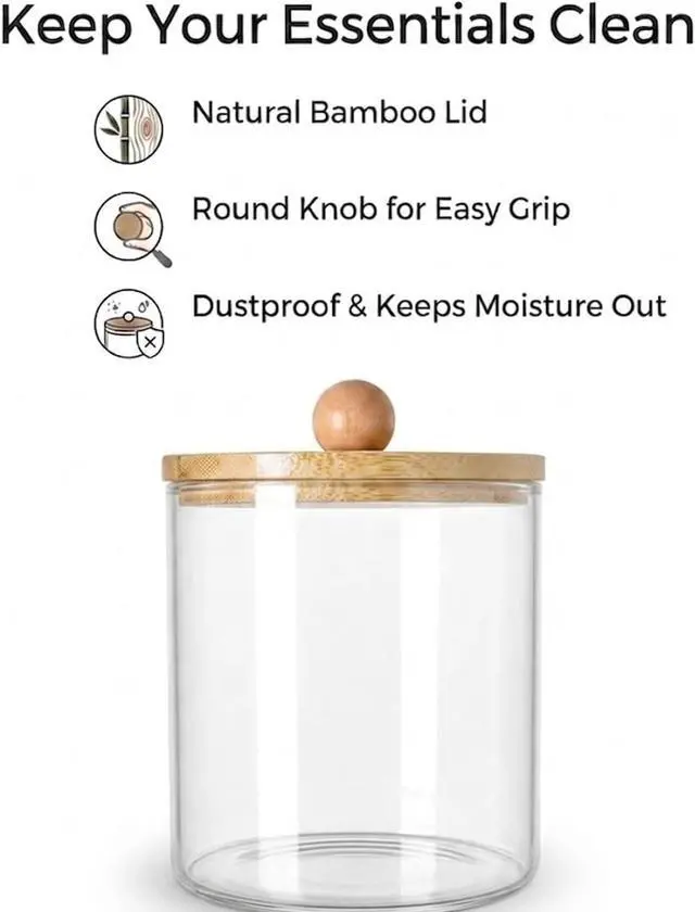 Alt view image 4 of 6 - Cotton Swab Holder, Clear Plastic with Bamboo Lid, Medium | Wide-mouth storage for cotton rounds, hair ties, floss picks, and small jewelry on bathroom counters or vanities.