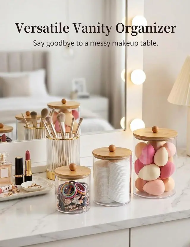 Alt view image 5 of 6 - Cotton Swab Holder, Clear Plastic with Bamboo Lid, Medium | Wide-mouth storage for cotton rounds, hair ties, floss picks, and small jewelry on bathroom counters or vanities.