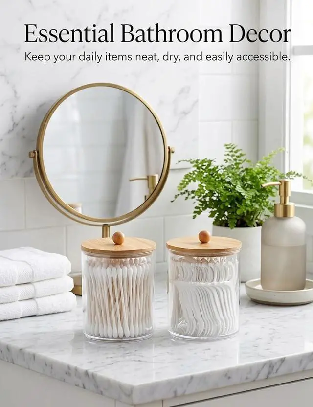 Alt view image 6 of 6 - Cotton Swab Holder, Clear Plastic with Bamboo Lid, Medium | Wide-mouth storage for cotton rounds, hair ties, floss picks, and small jewelry on bathroom counters or vanities.
