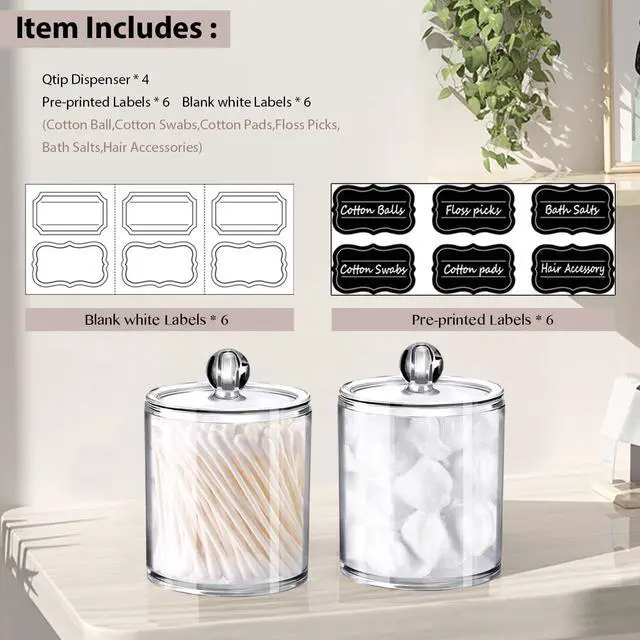 Alt view image 2 of 7 - SheeChung 4 Pack Clear Acrylic Qtip Holder with Lids for Bathroom | Cotton Round Holder with Labels - Apothecary Jars for Bathroom - Vanity Storage Canisters for Cotton Swabs,Balls,Floss Picks