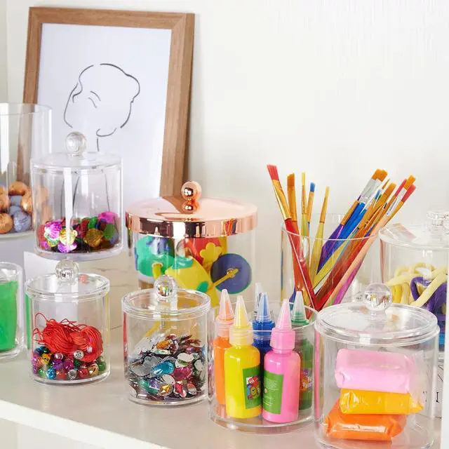 Alt view image 7 of 7 - SheeChung 4 Pack Clear Acrylic Qtip Holder with Lids for Bathroom | Cotton Round Holder with Labels - Apothecary Jars for Bathroom - Vanity Storage Canisters for Cotton Swabs,Balls,Floss Picks