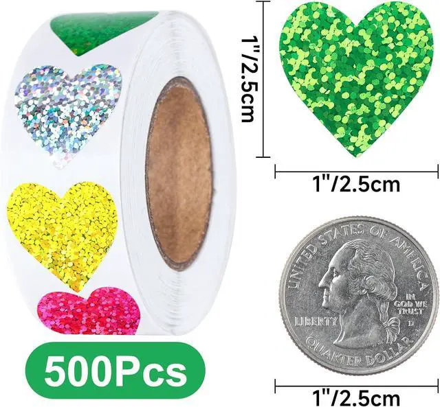 Alt view image 2 of 7 - Anwyll Heart Stickers - 500Pcs 1Inch Valentines Day Heart Stickers Glitter Colored Heart Shape Sticker for Reward Classroom Self Adhesive Love Incentive Sticker for Envelope Seal Card Birthday Wedding