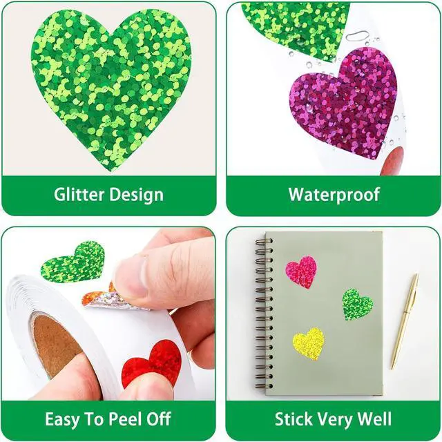 Alt view image 3 of 7 - Anwyll Heart Stickers - 500Pcs 1Inch Valentines Day Heart Stickers Glitter Colored Heart Shape Sticker for Reward Classroom Self Adhesive Love Incentive Sticker for Envelope Seal Card Birthday Wedding