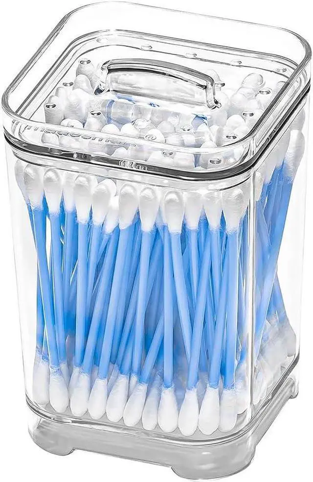 Main image of madesmart Cotton Swab Container, Clear | lidded canister, see through design, easy access lid, makeup rounds, vanity essentials, bathroom counter, woman owned