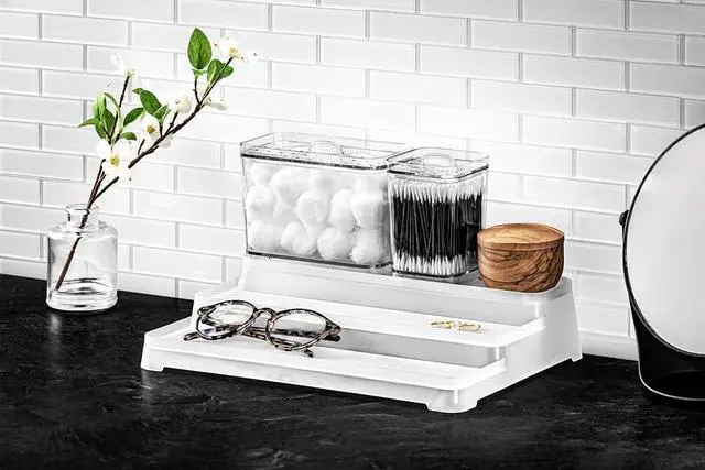 Alt view image 6 of 7 - madesmart Cotton Swab Container, Clear | lidded canister, see through design, easy access lid, makeup rounds, vanity essentials, bathroom counter, woman owned