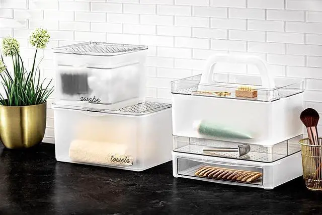 Alt view image 7 of 7 - madesmart Cotton Swab Container, Clear | lidded canister, see through design, easy access lid, makeup rounds, vanity essentials, bathroom counter, woman owned