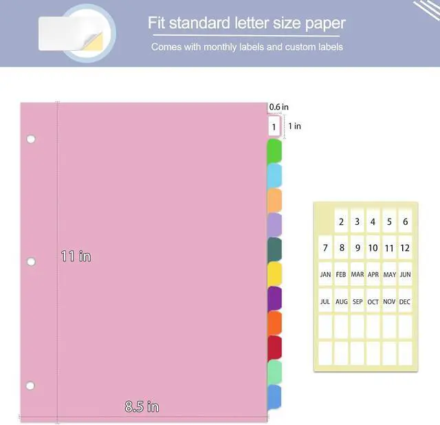 Alt view image 3 of 7 - Binder Dividers with Tabs,Monthly Dividers for 3 Ring Binder,12 TABS,Customizable Table of Contents,Multicolor,1 Sets