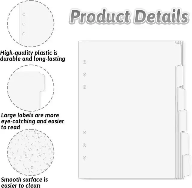 Alt view image 3 of 7 - 6 Pcs A5 Binder Dividers, 6 Holes Clear Binder Divider Index with Tabs Insertable Plastic Index Divider Sheets 6 Rings Planner Divider Index Page for Binder Notebook Journal Diary Memo Notepad