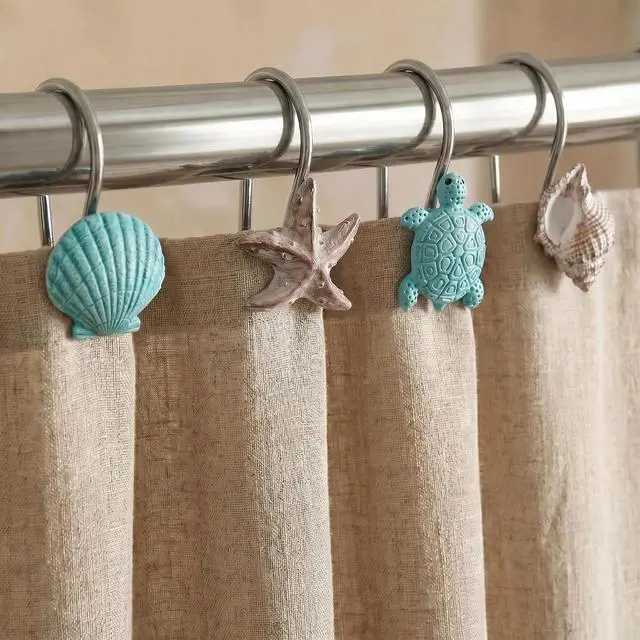 Alt view image 2 of 7 - Seashell Sea Turtle Starfish Conch Decorative Shower Curtain Hooks, 12Pcs | Nautical Ocean Beach Coastal Decorative Stainless Steel Hanger for Tropical Bathroom Beach House Kids & Guest Room Decor