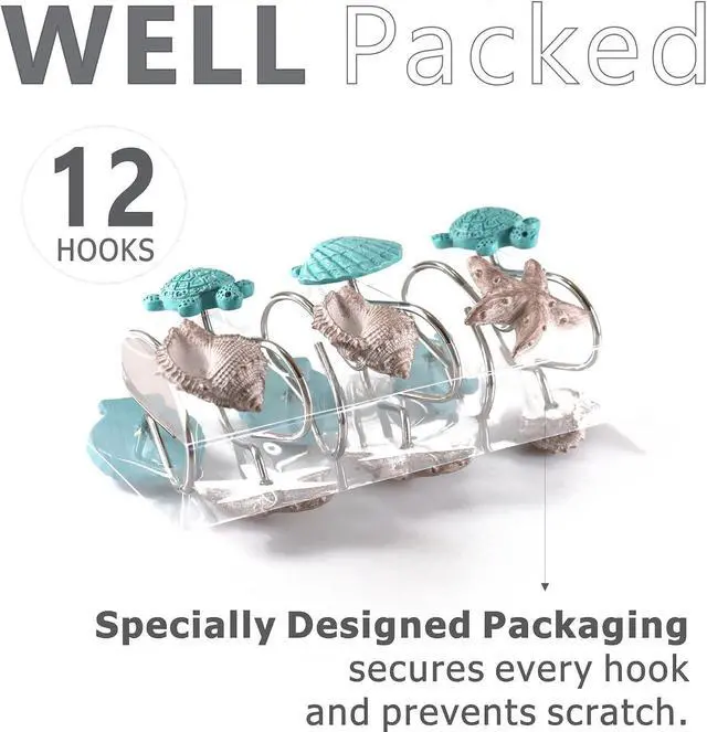 Alt view image 3 of 7 - Seashell Sea Turtle Starfish Conch Decorative Shower Curtain Hooks, 12Pcs | Nautical Ocean Beach Coastal Decorative Stainless Steel Hanger for Tropical Bathroom Beach House Kids & Guest Room Decor
